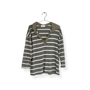 Anthropologie T La Striped Collared V-Neck Olive Green and White Tee Shirt